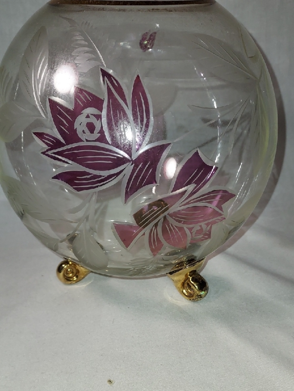 Vintage Glass Bowl Round Purple Etched Flowers with Three Gold Legs & Gold Ring